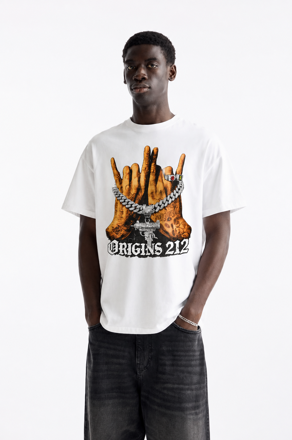 ORIGINS 212 — "Street Culture" Gangster Hands Tee (White)